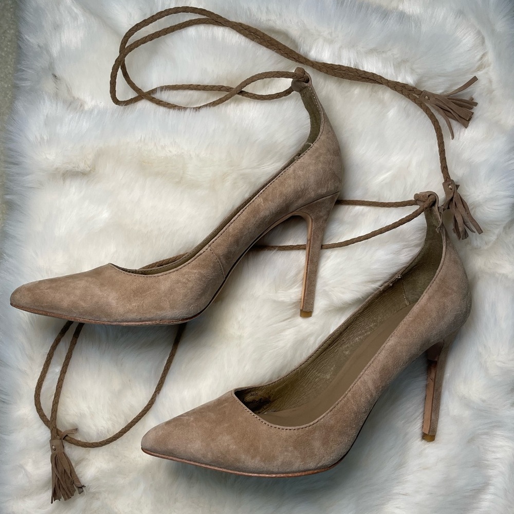 Joie Angelynn Brown Suede Ankle Wrap Tassel Heels Pumps Size 8.5